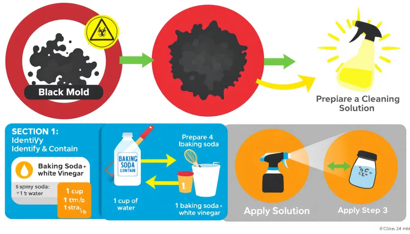 Various cleaning solutions for black mold, including vinegar and baking soda.