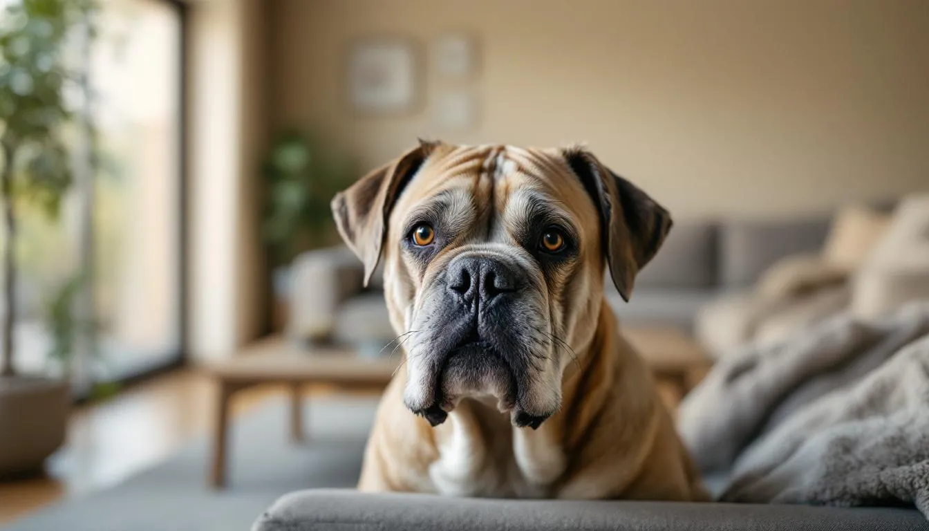 A senior dog with a confused expression sits in a cozy living room, reflecting the common symptoms of cognitive dysfunction syndrome, which can affect older dogs