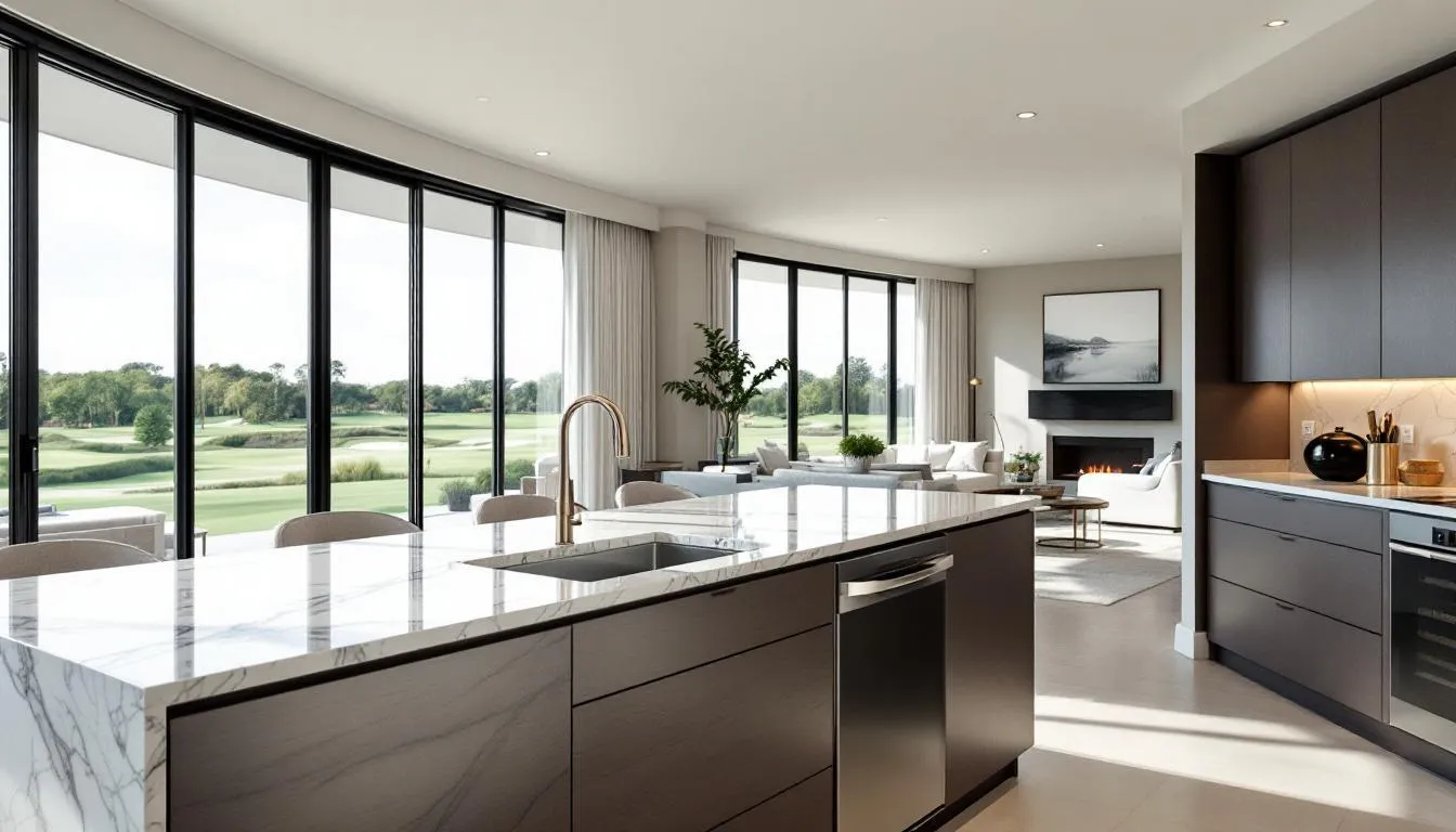The image showcases a luxurious estate home interior, featuring elegant marble countertops, custom cabinetry, and expansive floor-to-ceiling windows that offer stunning views of the golf course. This beautifully designed residence embodies the essence of resort style living within the prestigious Grey Oaks community in Naples, Florida.