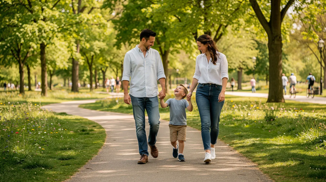A family of four, consisting of parents and their two children, strolls through a sunny park, enjoying quality time together. This scene reflects the importance of family bonds, which can be crucial during family law matters such as child custody disputes.