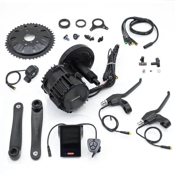 A mid drive conversion kit with components to upgrade your bike