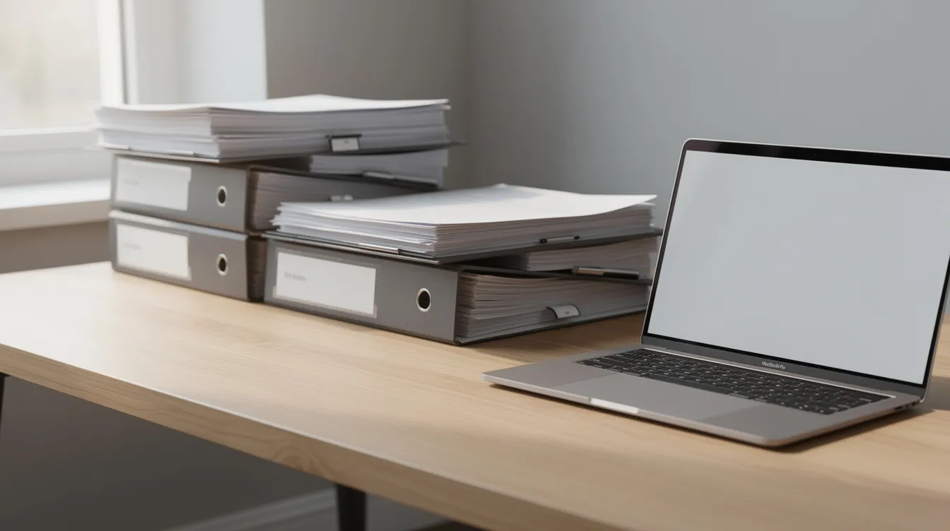 The image features a neatly organized wooden desk with various paper documents, including financial statements and project reports, alongside a laptop, suggesting a focus on loan evaluation processes and financial analysis. This setup may include essential documents like balance sheets and cash flow statements, indicating preparation for banking and financial institutions' loan approval procedures.