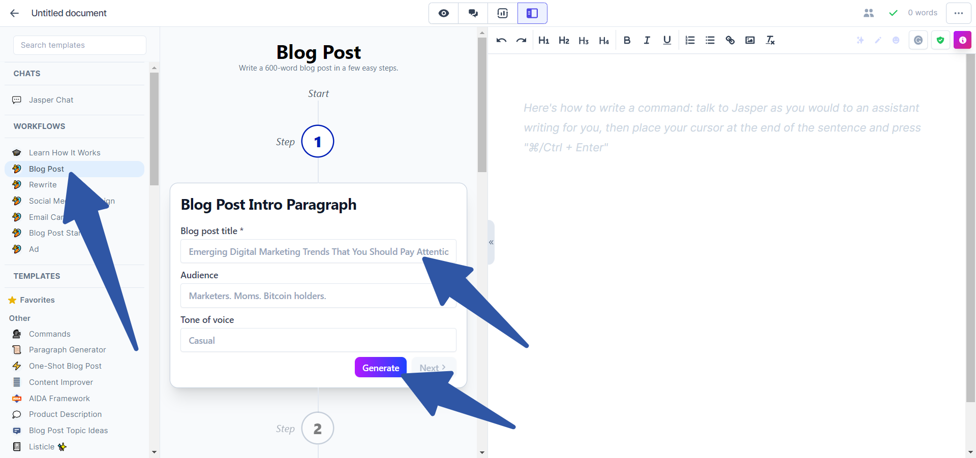 Write your blog post with Jasper