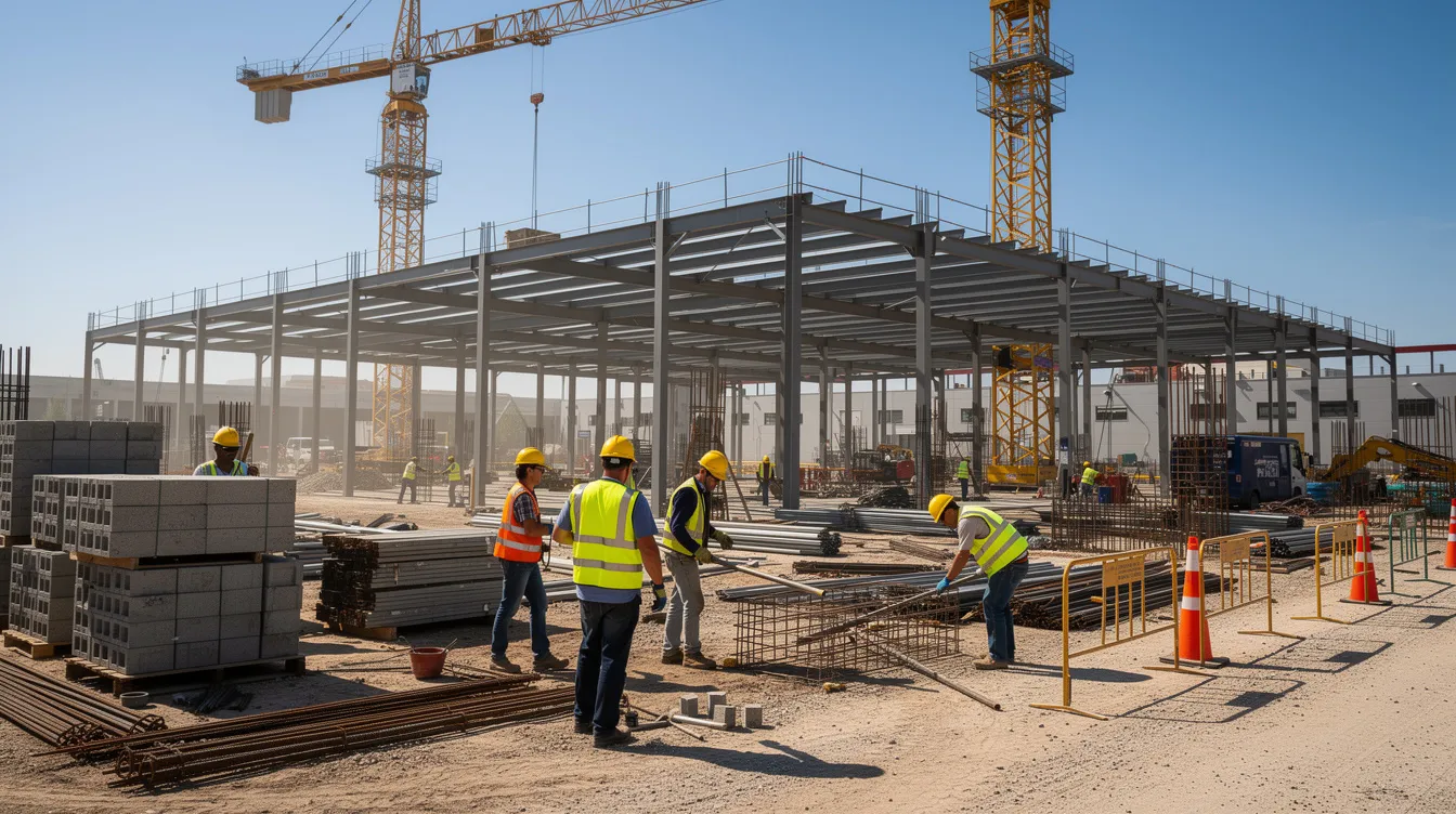 A group of construction workers, wearing hard hats and safety vests, are actively engaged in hands-on work on a large commercial building site, surrounded by steel beams and cranes. This scene highlights the critical role of skilled tradespeople in the construction industry, showcasing the high demand for skilled trade jobs and the importance of expertise in developing infrastructure.