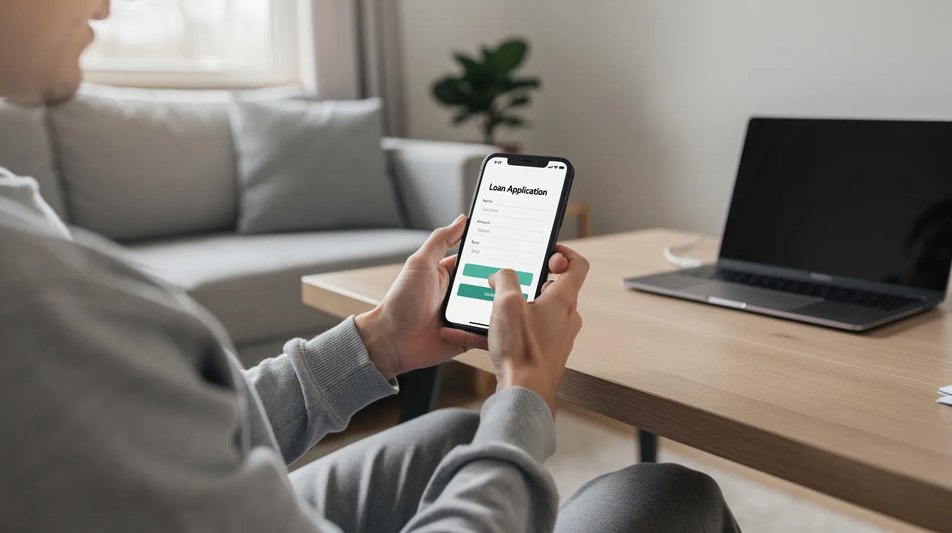 A person is sitting comfortably at home, using a smartphone to complete an online loan application form. The scene reflects a modern approach to financial services in 香港 特別 行政區, emphasizing convenience for users in various 公務員 職位.