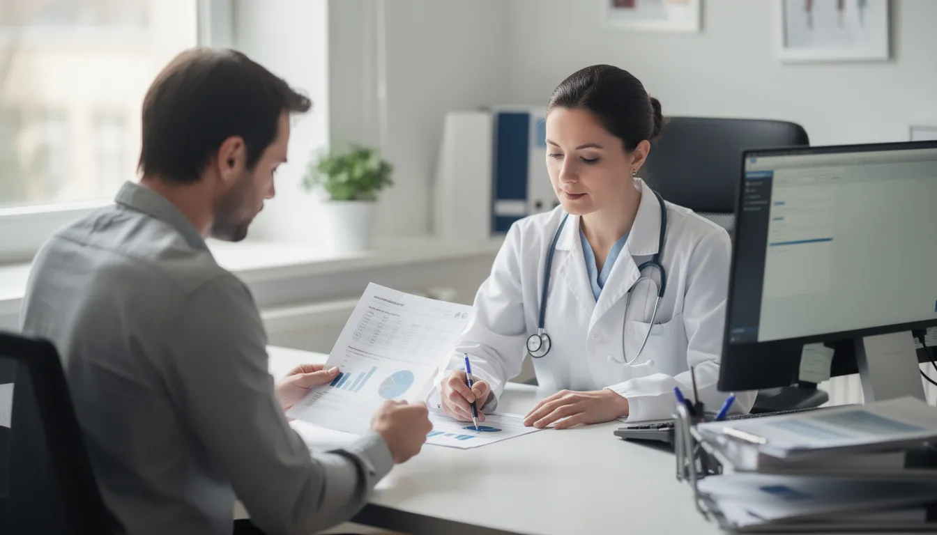 The image shows a person sitting at a desk, reviewing medical documents with a professional, likely discussing their eligibility for social security disability benefits. The documents may include important medical records that are essential for a social security disability claim.