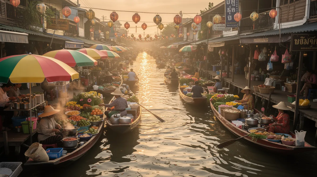 A imagem mostra o movimentado mercado flutuante de Bangkok, na Tailândia, onde barquinhos coloridos estão cheios de comida de rua, como o famoso pad thai, enquanto turistas e locais interagem nas águas do rio Chao Phraya. Ao fundo, pode-se ver templos budistas, como o Wat Arun, que embelezam a paisagem e refletem a rica cultura tailandesa.