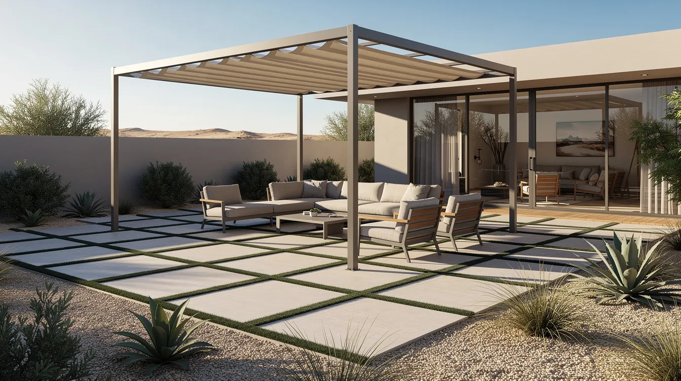 The image showcases a modern outdoor living space featuring large-format porcelain pavers interspersed with synthetic turf joints, surrounded by desert shrubs and a stylish shade structure. The scene is completed with contemporary patio furniture, creating a visually appealing and low-maintenance outdoor patio ideal for relaxation and entertaining.