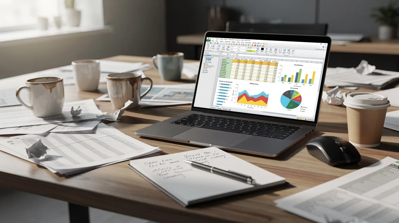 The image depicts a cluttered desk filled with coffee cups, scattered papers, and a laptop displaying spreadsheets that likely contain key metrics and data analysis for automated reporting. This scene reflects a busy environment where data collection and reporting processes are crucial for informed decisions in business intelligence.