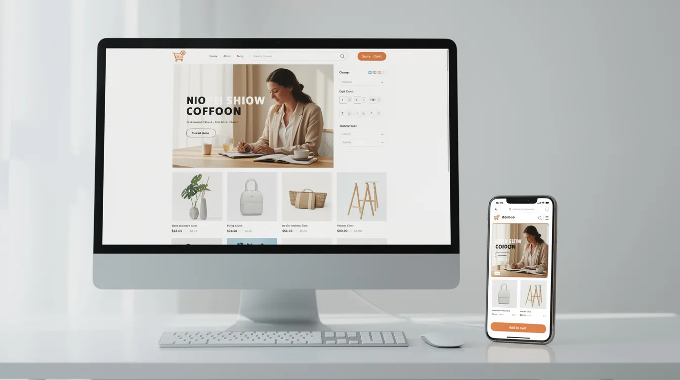 The image shows a modern e-commerce storefront displayed on both a desktop computer and a mobile phone, illustrating how easily store owners can build their online store using an AI store builder. The design highlights customizable themes and optimized product pages, showcasing the convenience of starting an online business in just a few clicks.