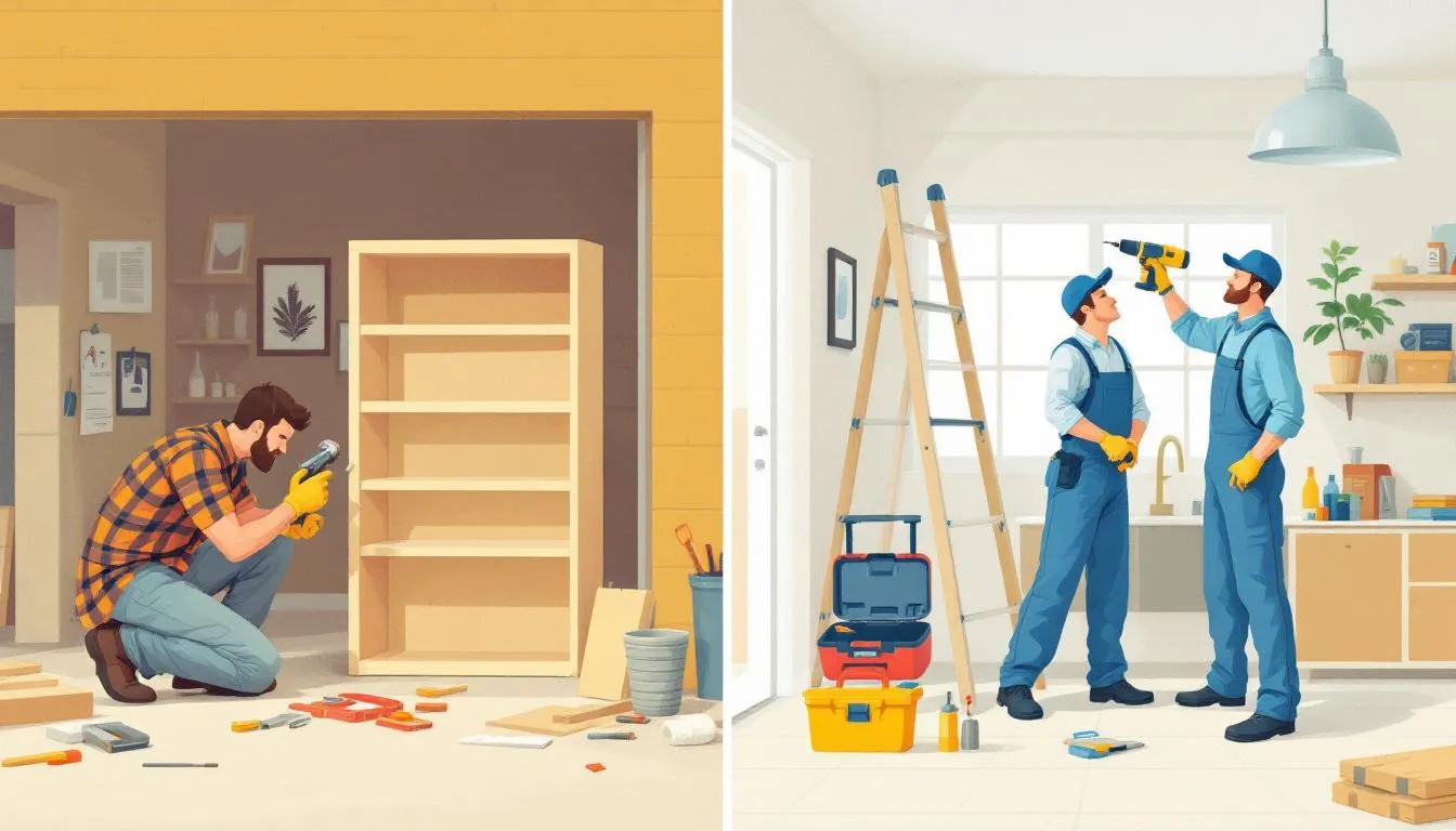 A split image showing a DIY project on one side and a professional contractor working on the other, illustrating the DIY vs. Hiring a Pro debate.