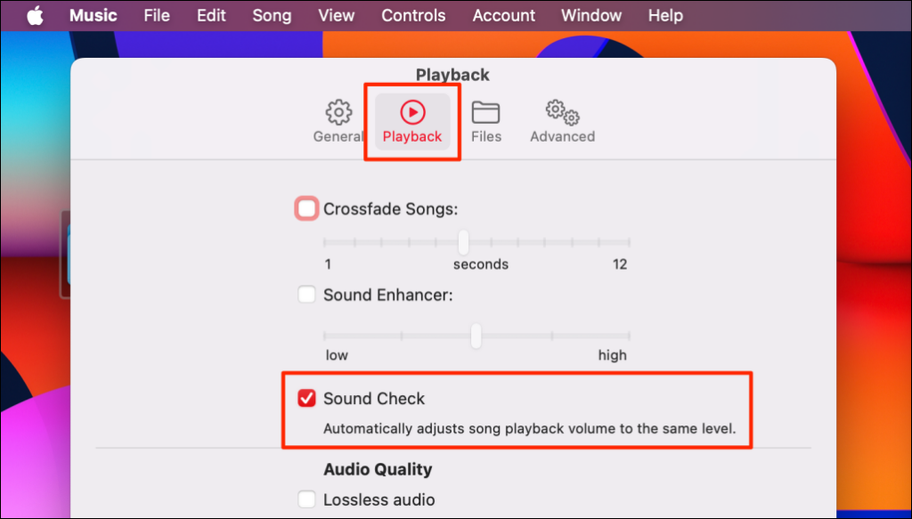 Sound Check highlighted in Apple Music Playback menu on Mac