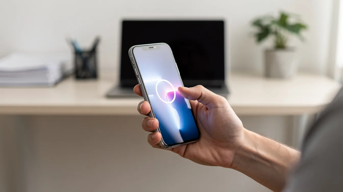 Eine Person hält ein Smartphone in der Hand und wischt über den Bildschirm, während im Hintergrund ein aufgeräumter Schreibtisch zu sehen ist. Das Bild vermittelt den Eindruck von Organisation und Effizienz, möglicherweise im Zusammenhang mit dem Löschen von Systemdaten oder dem Verwalten von App-Caches auf einem iPhone.