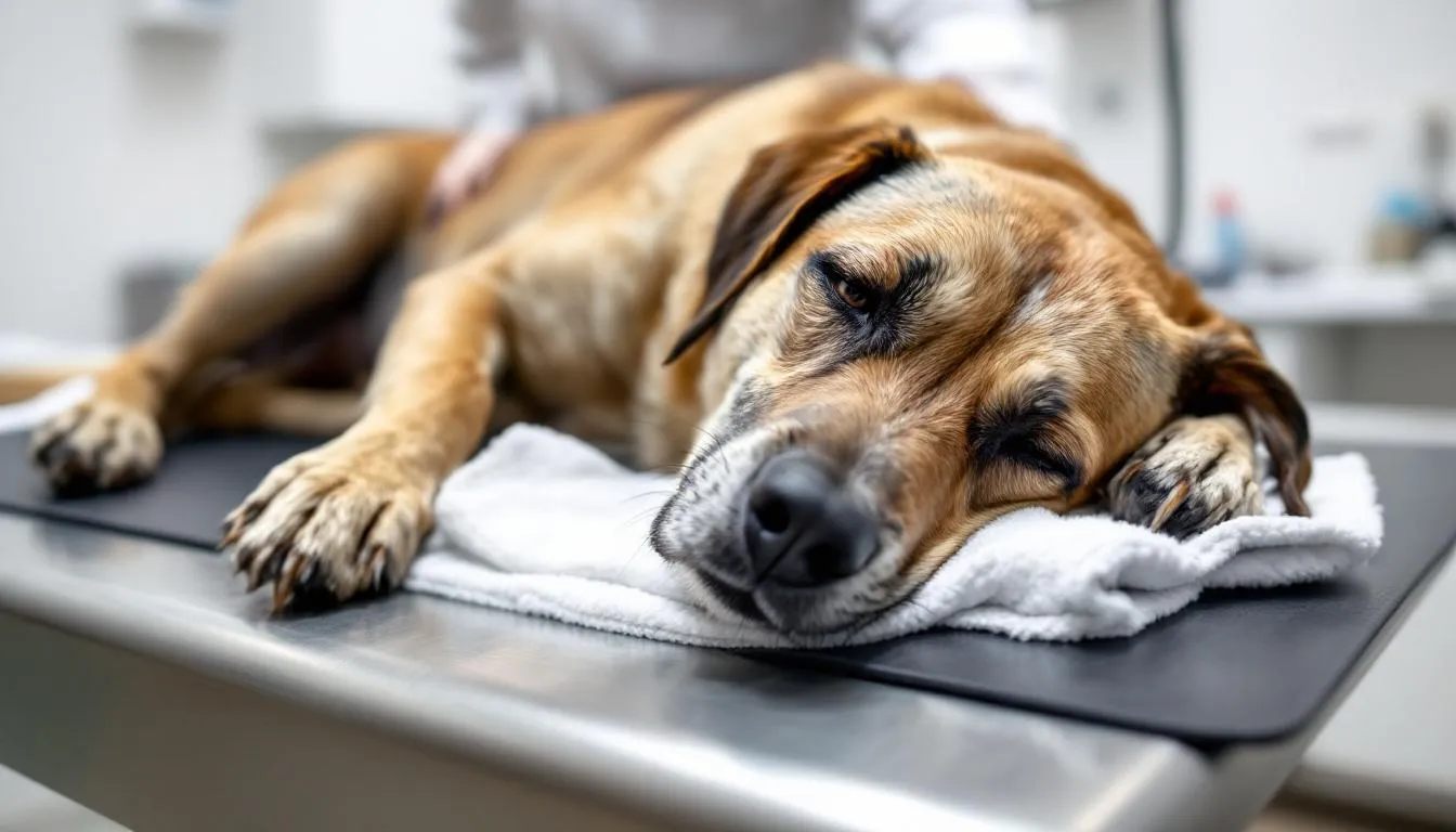 A lethargic dog lies on a veterinary examination table, showing signs of weakness, which may indicate a possible roundworm infection or other intestinal parasites. The dog
