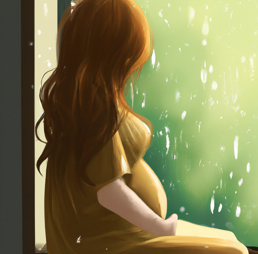 pregnant woman looking out window, rainy day
