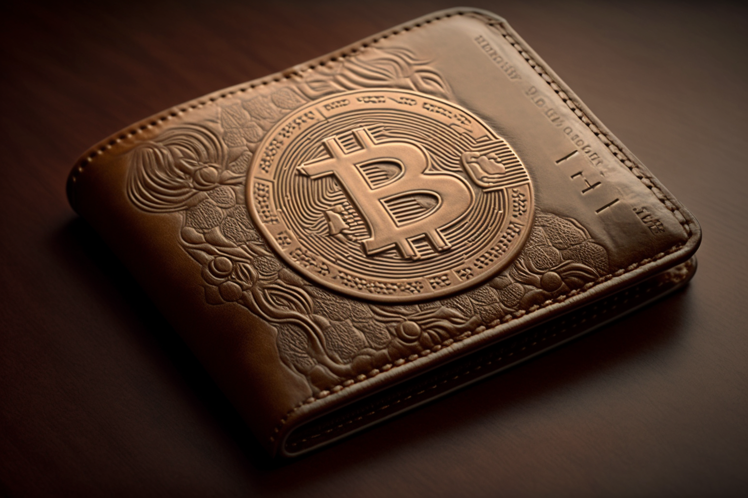 A leather wallet with Bitcoin logo 