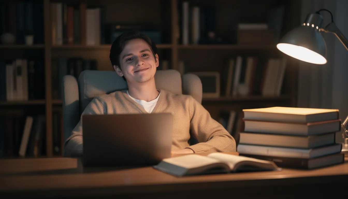 A person is sitting in a serene study environment surrounded by books and a laptop, appearing relaxed as they engage with their studies. This setting reflects a peaceful atmosphere ideal for preparing for the Australian citizenship test or practicing Australian values and history.