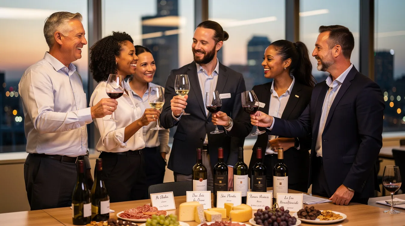 Un groupe de collègues souriants participe à une dégustation de vin lors d'un atelier d'œnologie à Paris, partageant une expérience conviviale autour de leur passion pour le vin. L'ambiance est joyeuse, illustrant l'esprit d'équipe et le plaisir d'apprendre les secrets des accords mets et vins.