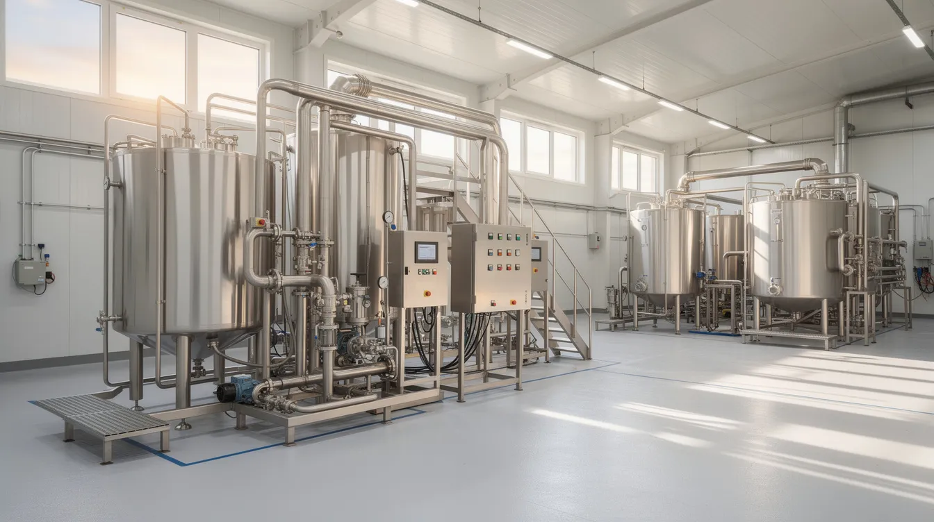 c05e2101 380f 4bd8 b9ee 77f9fd76ef73 The image depicts industrial stainless steel dairy processing equipment in a modern factory facility, showcasing advanced machinery used in the whey protein manufacturing plant. This setup is essential for processes such as whey processing, ensuring high-quality production of whey protein concentrate and whey protein isolate, crucial for the global whey protein market.
