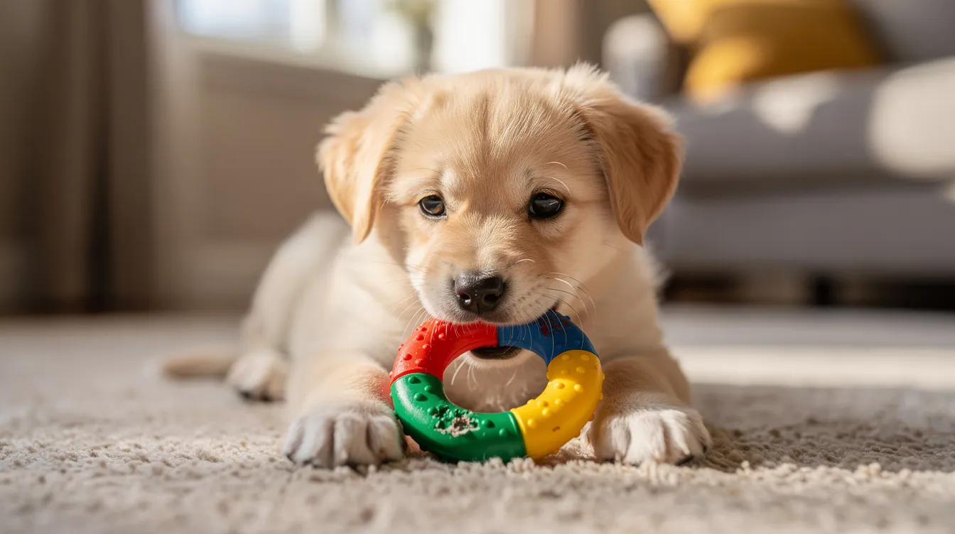 A young puppy is happily chewing on a colorful rubber teething toy while sitting on a soft carpet, showcasing its playful nature. This interactive dog toy is perfect for teething puppies, providing both fun and mental stimulation during playtime.