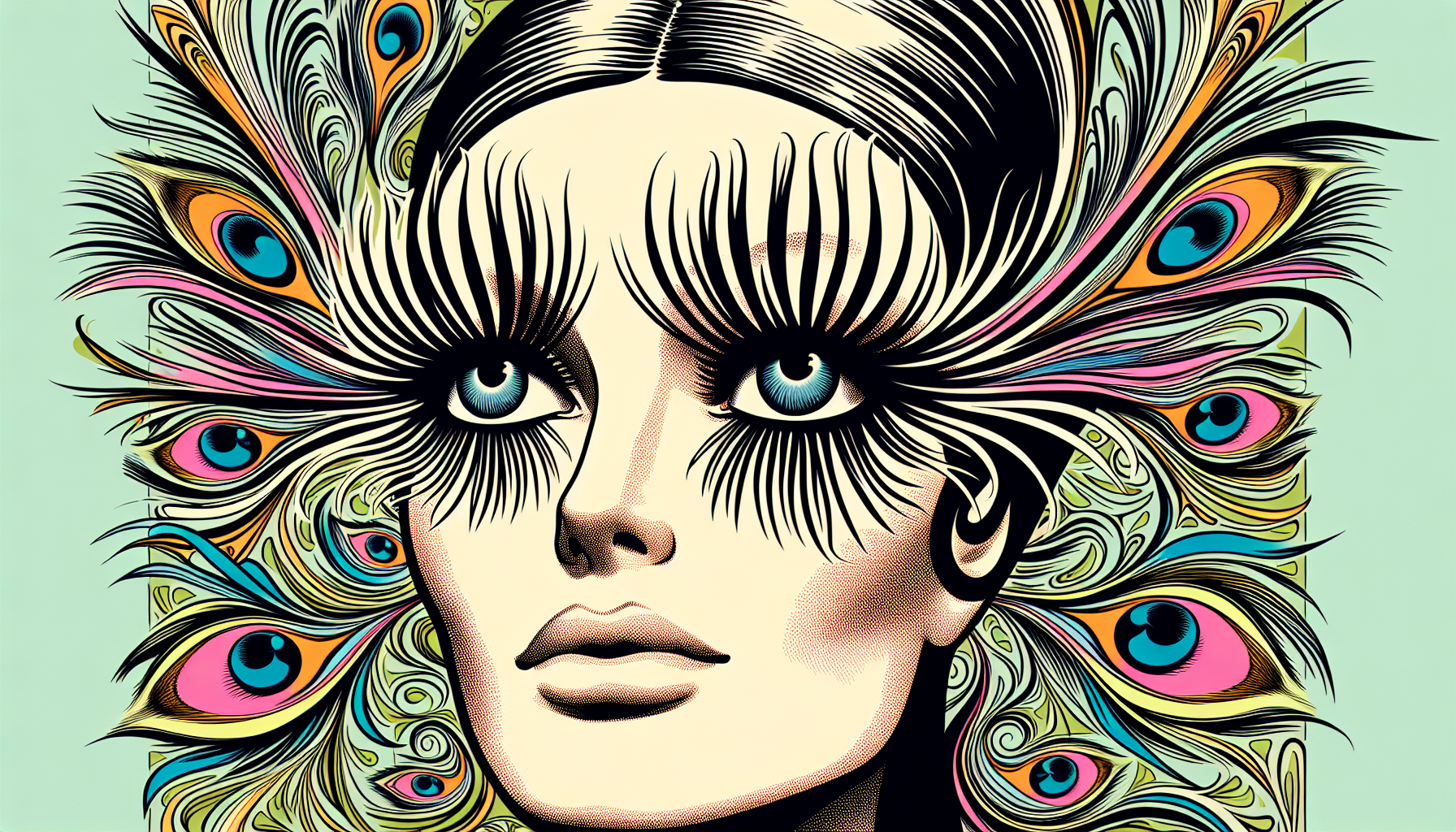 Illustration of Twiggy with voluminous lashes in the 1960s