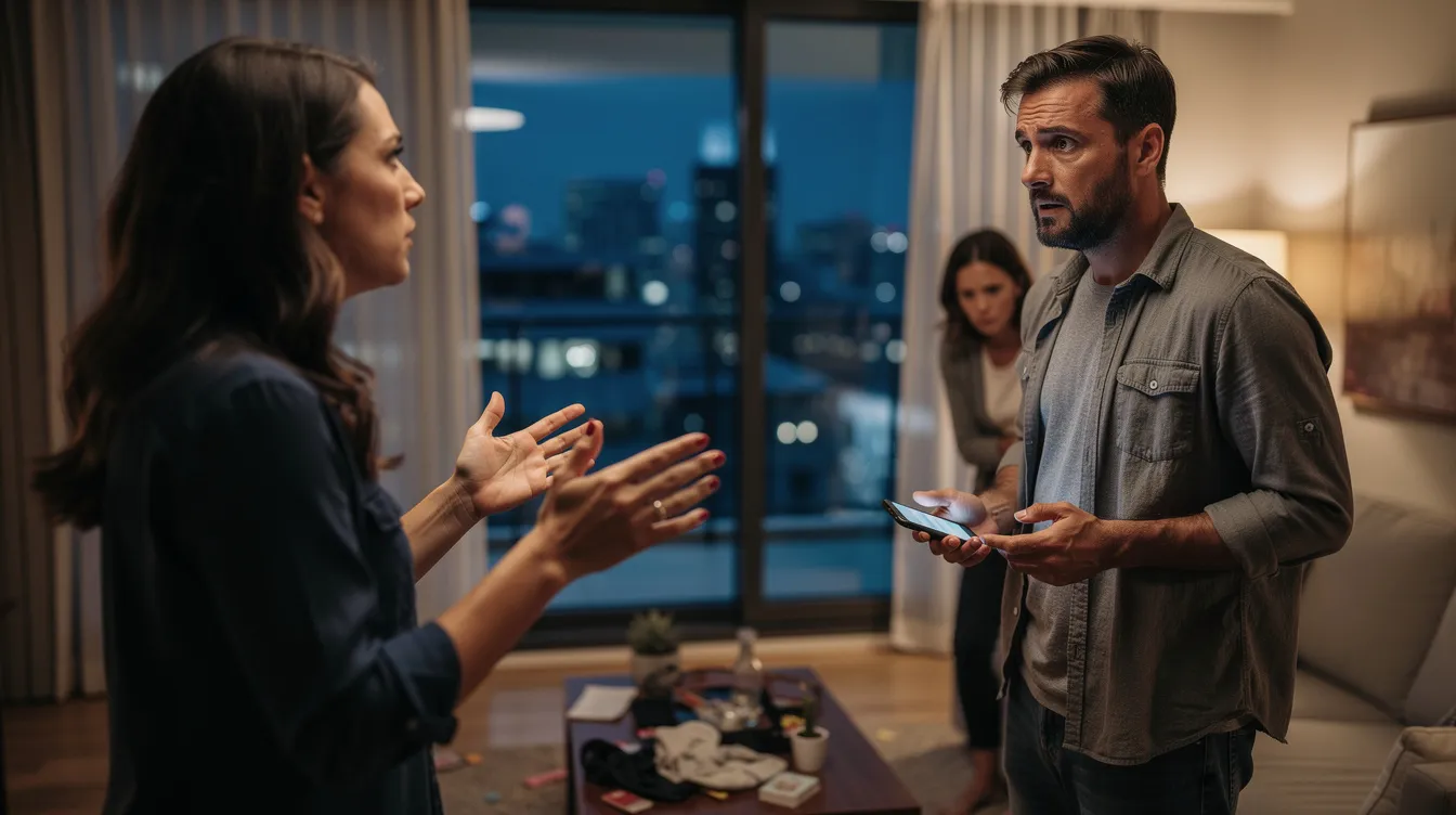 The image depicts a distraught wife confronting her husband, who appears guilty and remorseful after being caught cheating. This scene represents the deep pain and emotional turmoil that often accompanies betrayal trauma, highlighting the importance of seeking support and beginning the healing journey towards emotional well-being and rebuilding trust.