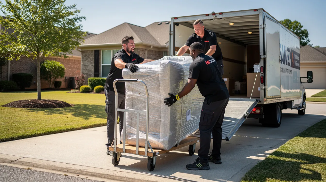 A team of professional movers is using a heavy-duty dolly to carefully transport a large piece of furniture down a residential driveway towards a truck, demonstrating their expertise in piano moving services. This scene highlights the utmost care and skill required for moving expensive instruments, ensuring a stress-free experience for customers.