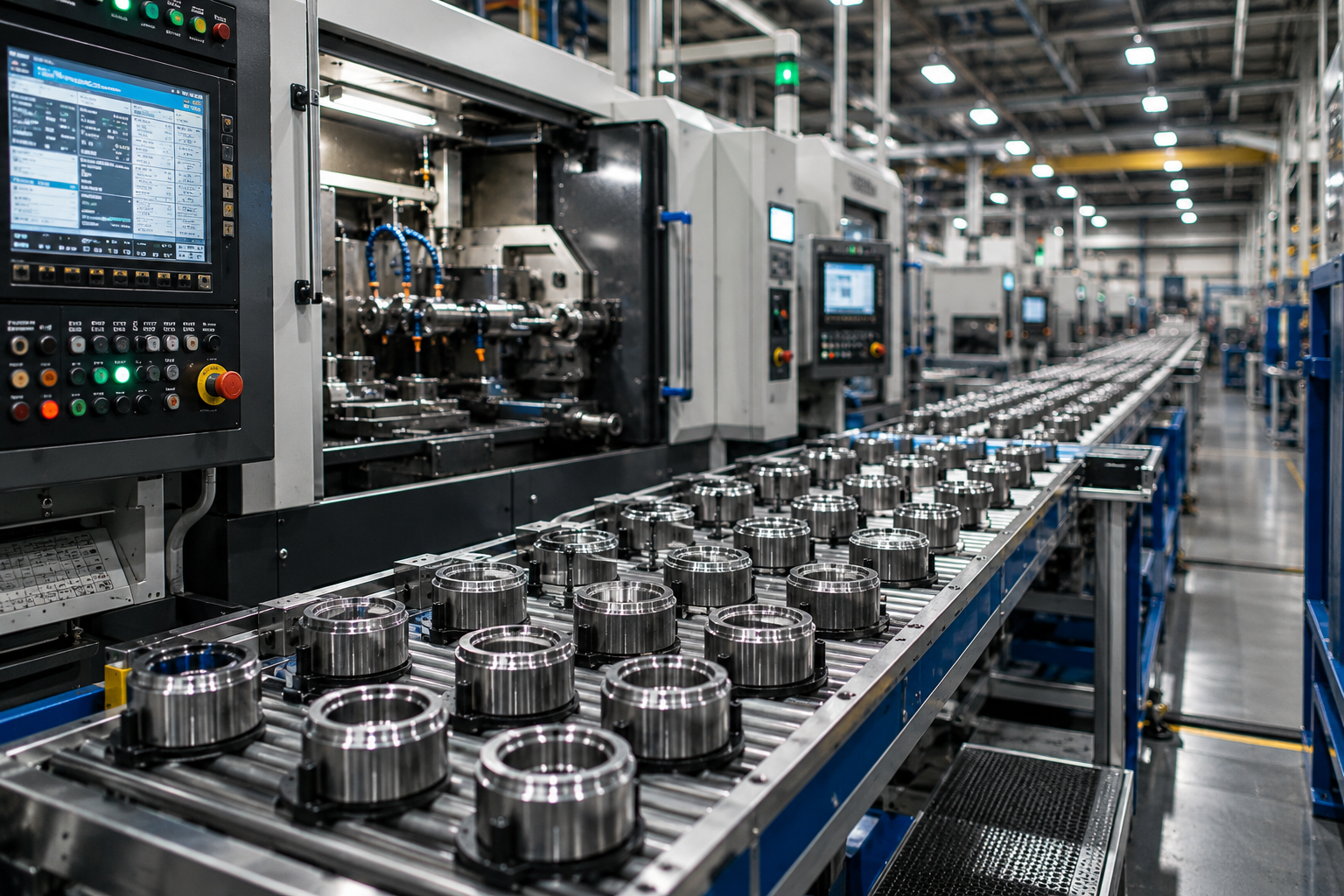 Modern manufacturing production line operating smoothly with consistent machinery performance.
