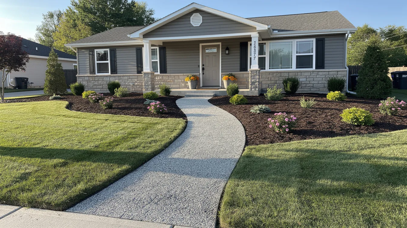 The image depicts a welcoming suburban front yard featuring fresh mulch beds and a simple gravel walkway that leads to the front door, enhancing the overall curb appeal of the property. This outdoor space showcases a beautifully landscaped area, ideal for homeowners seeking to create visual interest and a warm atmosphere.