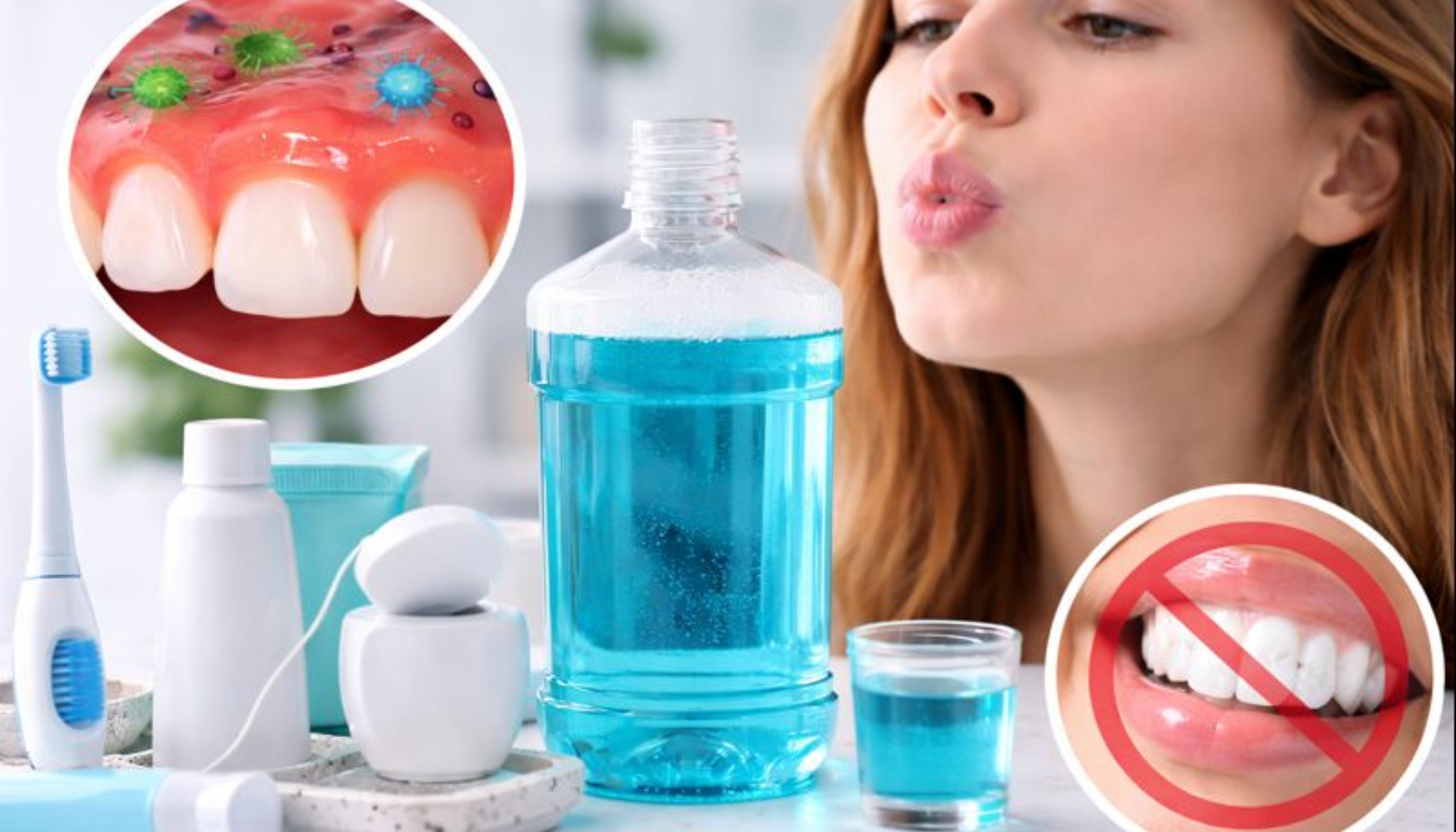 Munnskyll: Når Det Er Nyttig og Når Du Ikke Trenger Det 13 Kvinne skyller med munnskyll; bildet viser tannkjøttbetennelse, sunne tenner og ulike munnpleieprodukter.