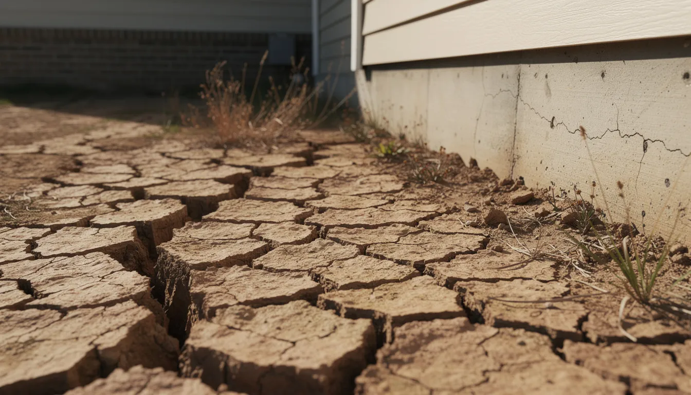 The image depicts cracked clay soil around a home's foundation, indicating severe drought conditions that could lead to potential slab leak issues. Visible cracks in the soil may signal structural damage and highlight the importance of early detection to prevent costly repairs and maintain the home's integrity.
