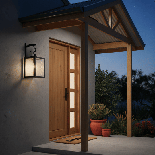 Industrial-style exterior wall lantern with metal frame mounted beside an entryway.