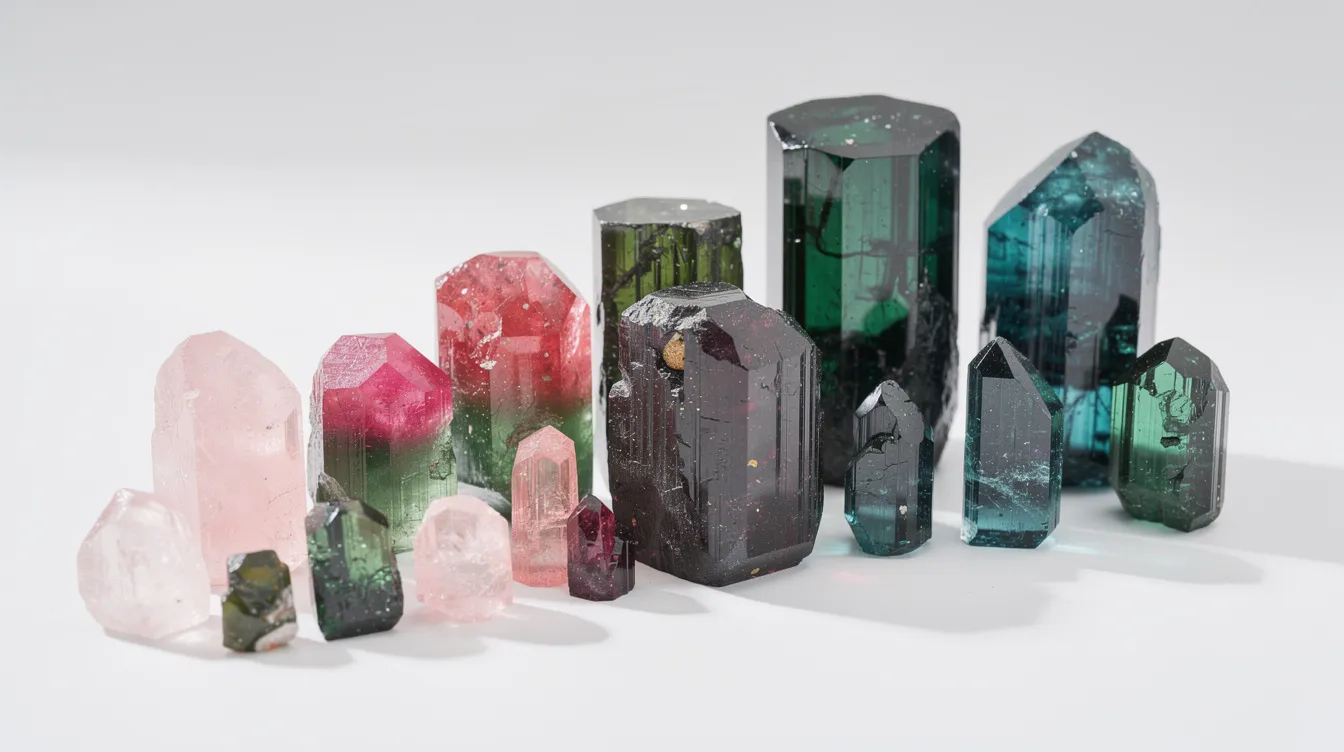 An array of vibrant tourmaline crystals in shades of pink, green, and blue is beautifully arranged on a white surface, showcasing the extraordinary gemstones that are the October birthstone. These colorful gems reflect light in a way that highlights their beauty and brilliance, making them a perfect gift for October babies.