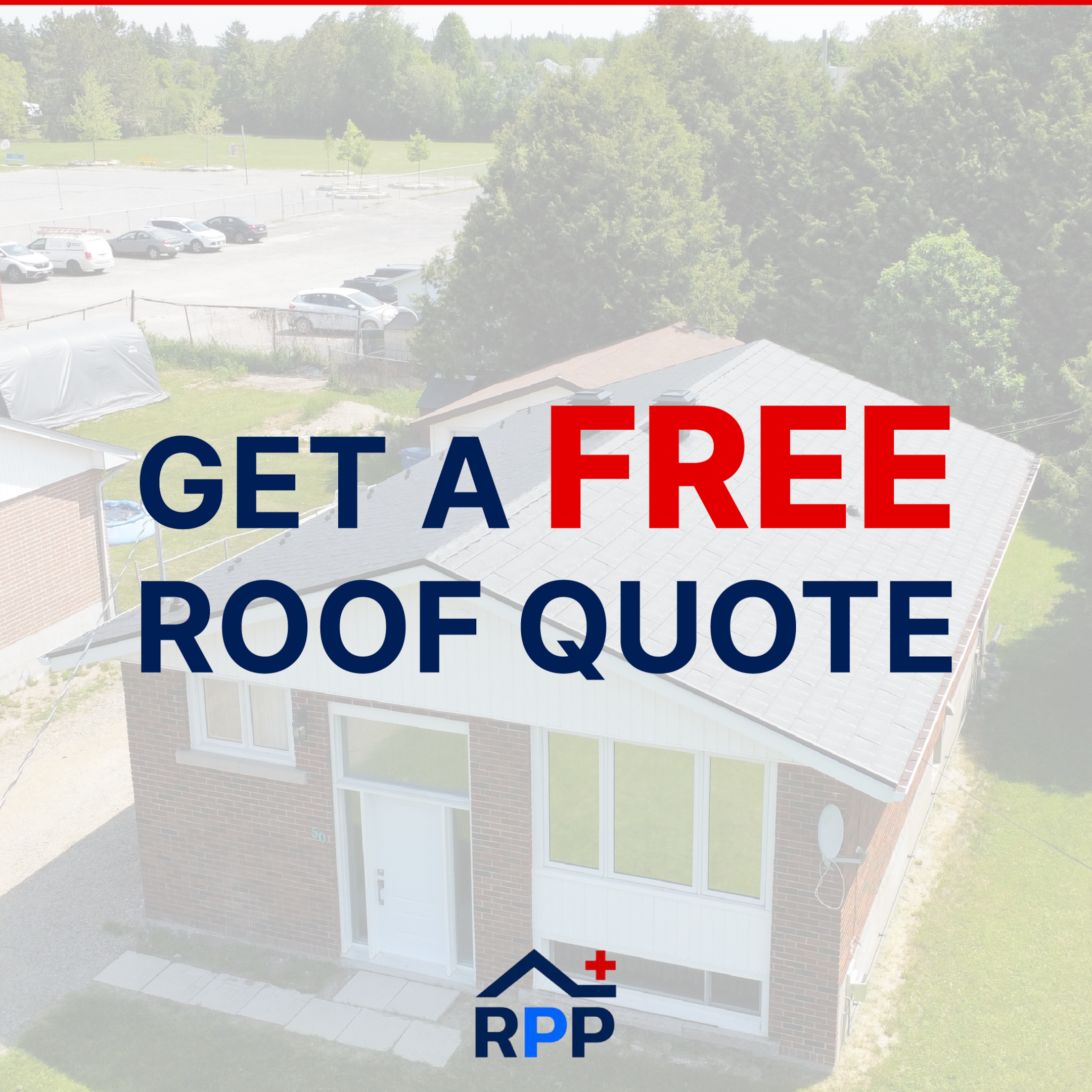 An image of a home with a roof installed by Roof Pros Plus, with the text "get a FREE roof quote" on top of the image.