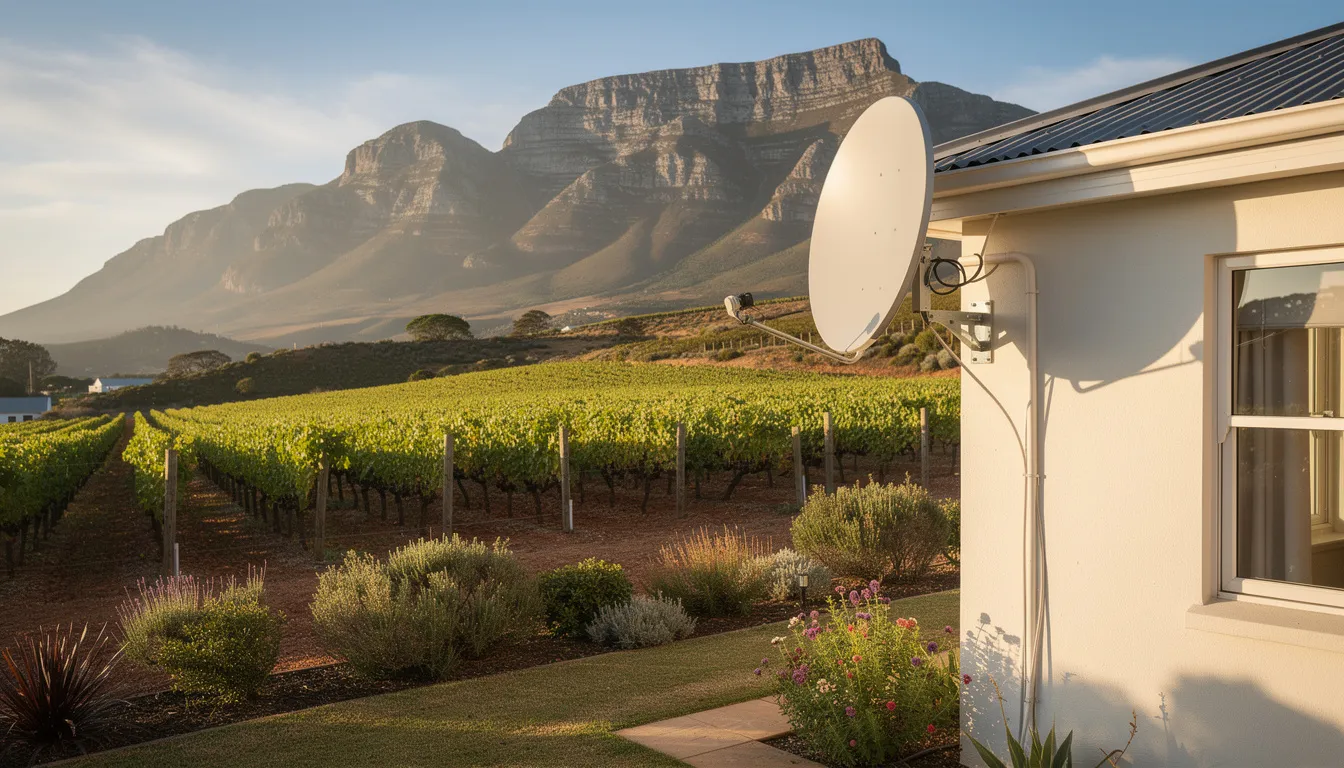 A satellite dish is mounted on the roof of a residential home, set against a picturesque mountain backdrop in the Cape wine region. This image illustrates the importance of professional DSTV installation services for enhancing your entertainment system in Worcester.