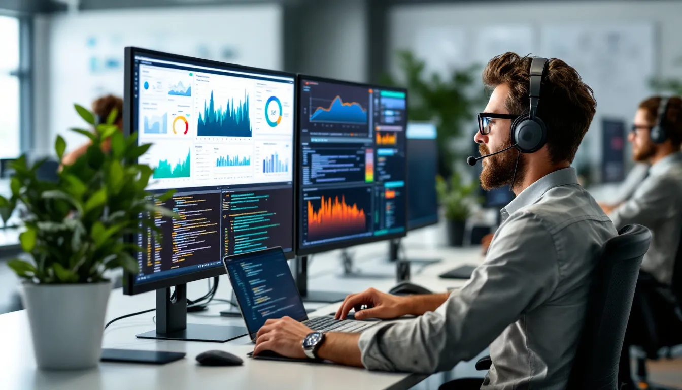 In the image, professional data engineers are focused on their work, surrounded by multiple monitors displaying various data pipeline dashboards, showcasing data workflows and real-time analytics. This scene highlights the use of tools like Azure Data Factory and Matillion for data integration and transformation in cloud environments.