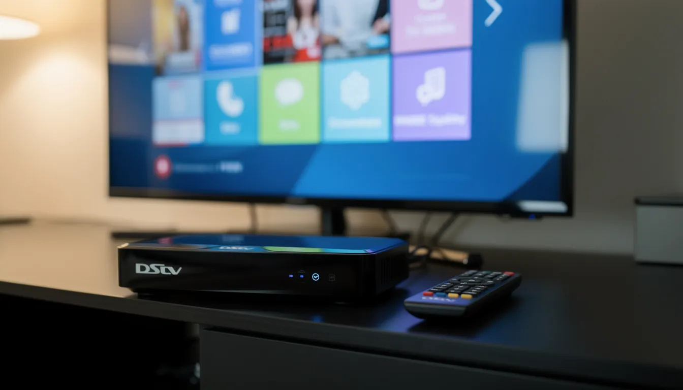 The image shows a DStv decoder and remote control placed next to a television, highlighting the setup for an entertainment system. This configuration represents the essential components for DStv installation services, ensuring optimal viewing experience for users in locations like Lotus River.