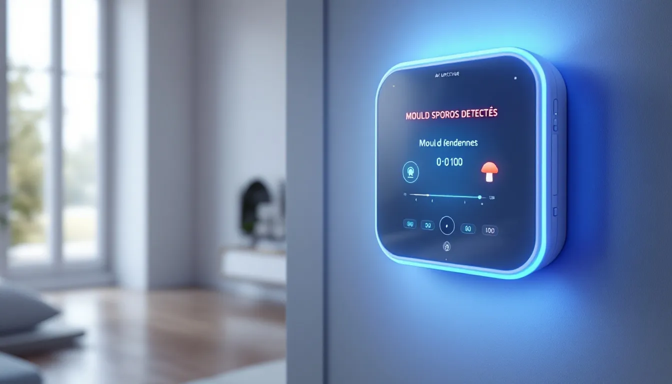 A visual representation of an air quality monitor detecting mold spores in an indoor environment.