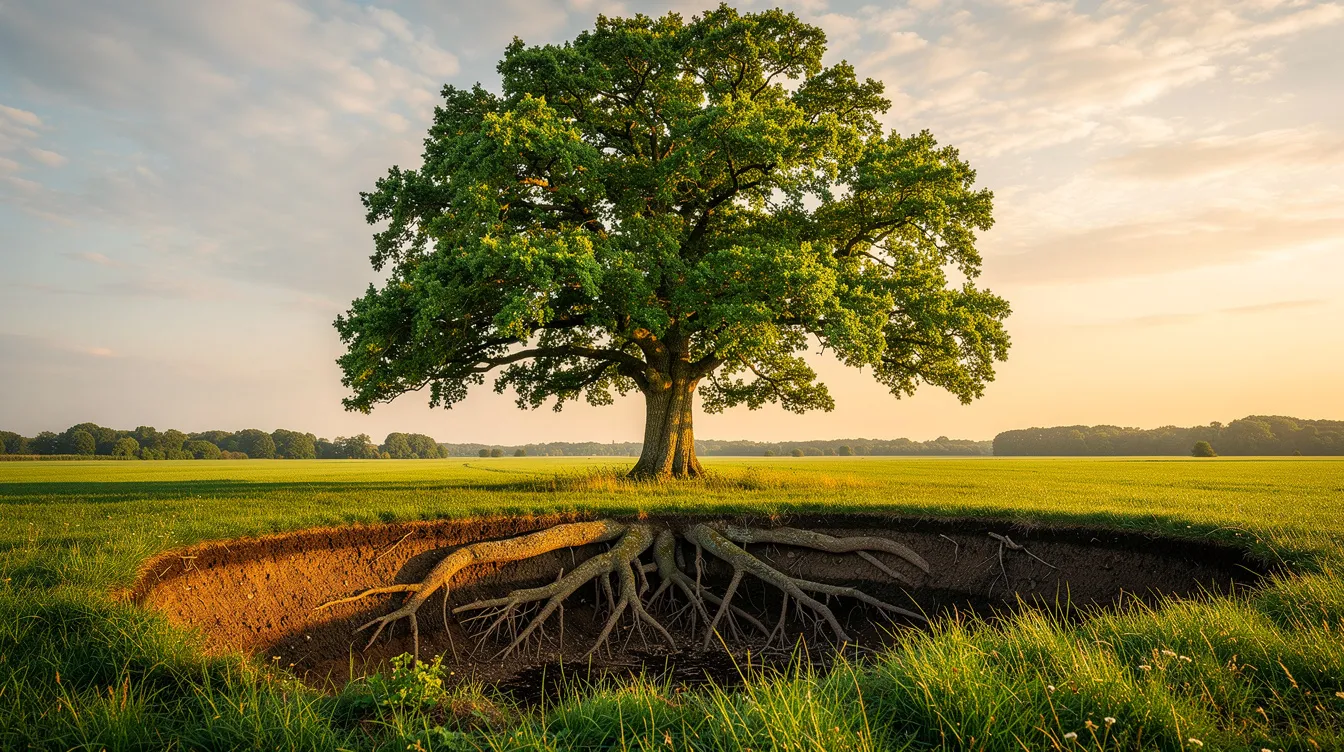 Une grande arbre aux racines profondes se dresse dans un champ verdoyant, symbolisant la stabilité et la capacité d'adaptation au changement. Cette image illustre l'importance de la gestion du changement pour la réussite d'une entreprise, en mettant en avant la transformation et l'évolution nécessaires dans un environnement dynamique.