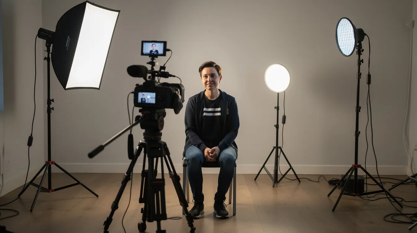 Das Bild zeigt ein Interview-Setup in einem Raum, in dem eine Person auf einem Stuhl sitzt, während eine Kamera auf einem Stativ direkt davor positioniert ist. Links sorgt eine Softbox für weiches Licht, während rechts ein kleiner Reflektor und im Hintergrund ein LED-Licht als Hinterlicht die Szene beleuchten, was eine durchdachte Lichtsetzung für die Aufnahme ermöglicht.