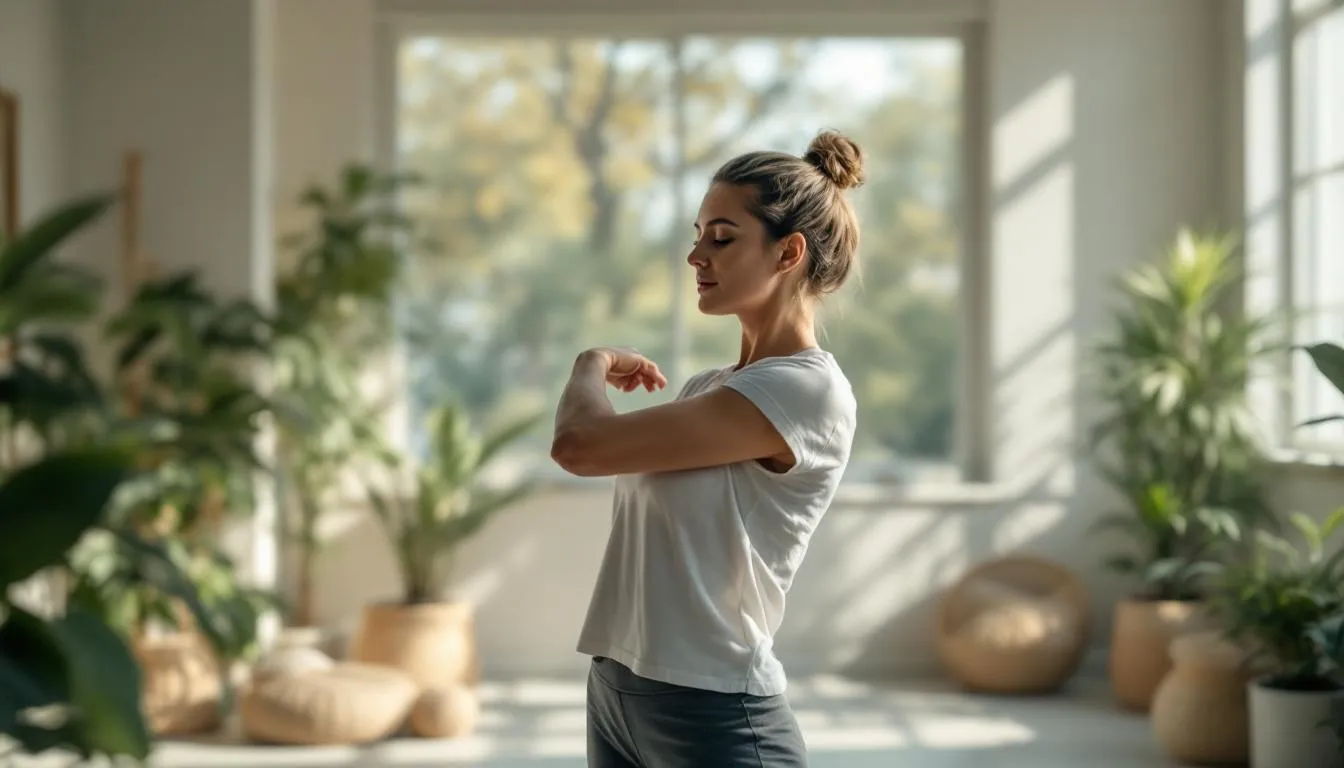A series of complementary exercises for frozen shoulder, including pendulum and cross-body stretches.