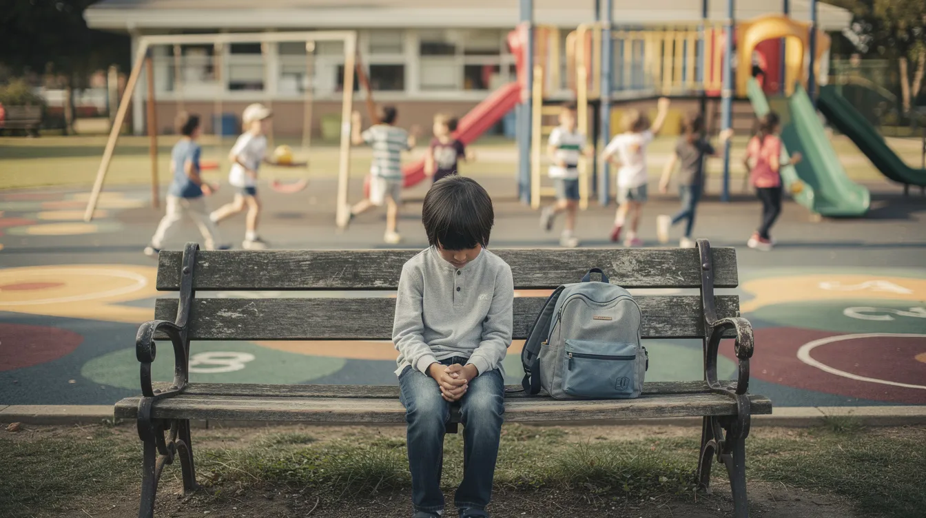 A child sits alone on a school bench in a playground, looking contemplative while other children play joyfully in the background. This scene reflects the experiences of many autistic children in a mainstream school environment, highlighting the challenges of social interaction and school life.