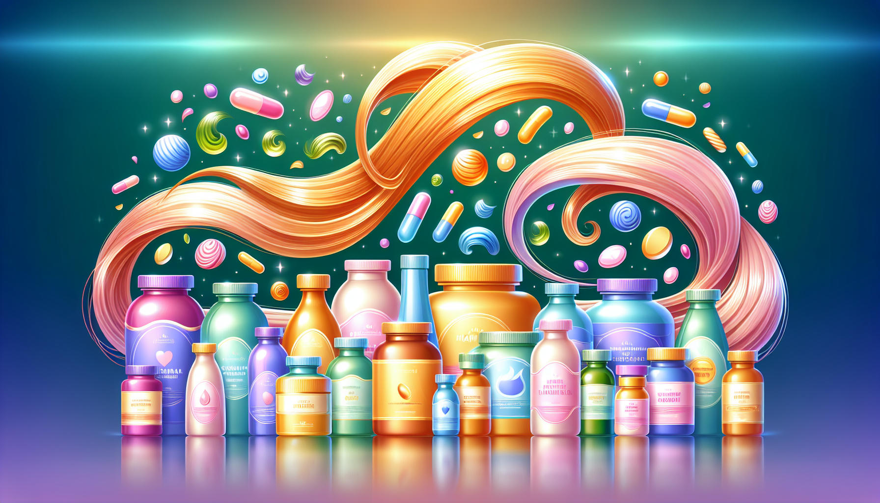 An illustration depicting various hair growth supplements that promote healthy hair growth.