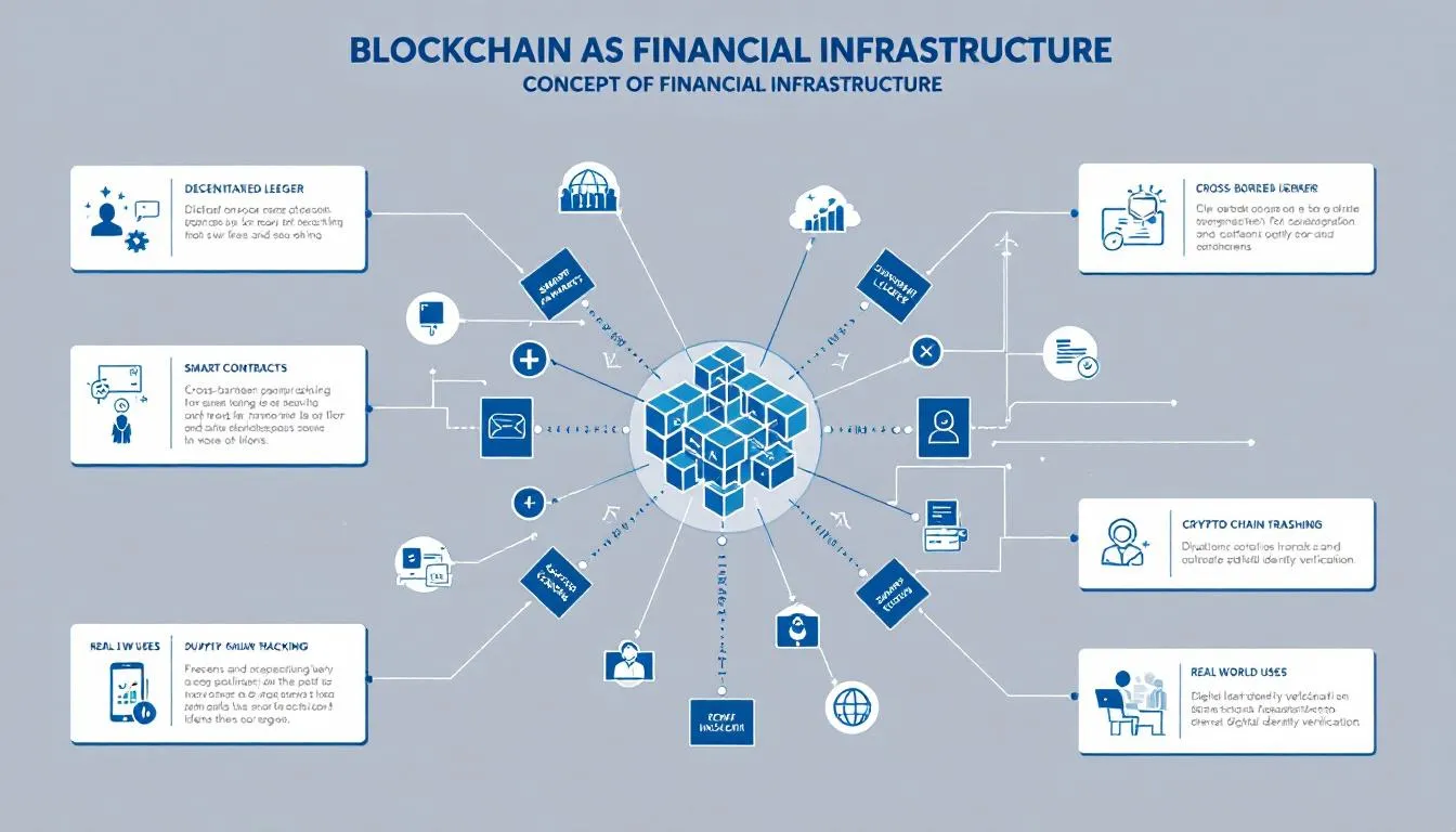 The image illustrates the concept of blockchain as financial infrastructure, showcasing various elements such as digital assets, smart contracts, and blockchain networks that enhance operational efficiency in the financial services industry. It highlights the role of blockchain technology in facilitating rapid asset transfers and providing an immutable record for financial transactions, thereby reducing liability risk and improving data integrity.