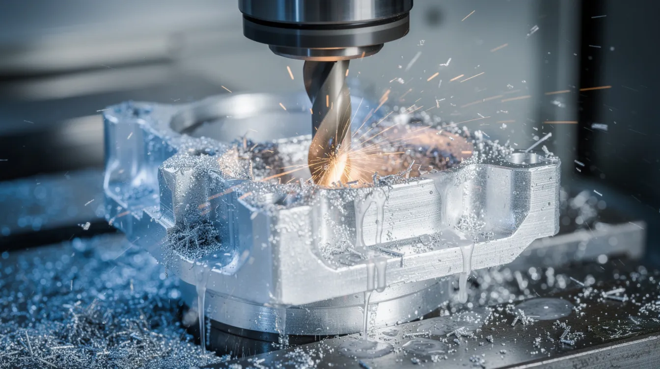 A close-up view of a modern CNC machining center is shown, actively cutting an aluminum part while coolant flows over the workpiece, highlighting the precision machining capabilities essential in the manufacturing industry. This advanced technology is crucial for producing high-quality CNC machined parts with tight tolerances.