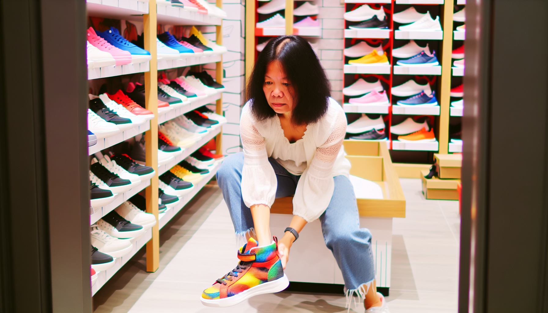 Woman trying on youth shoes