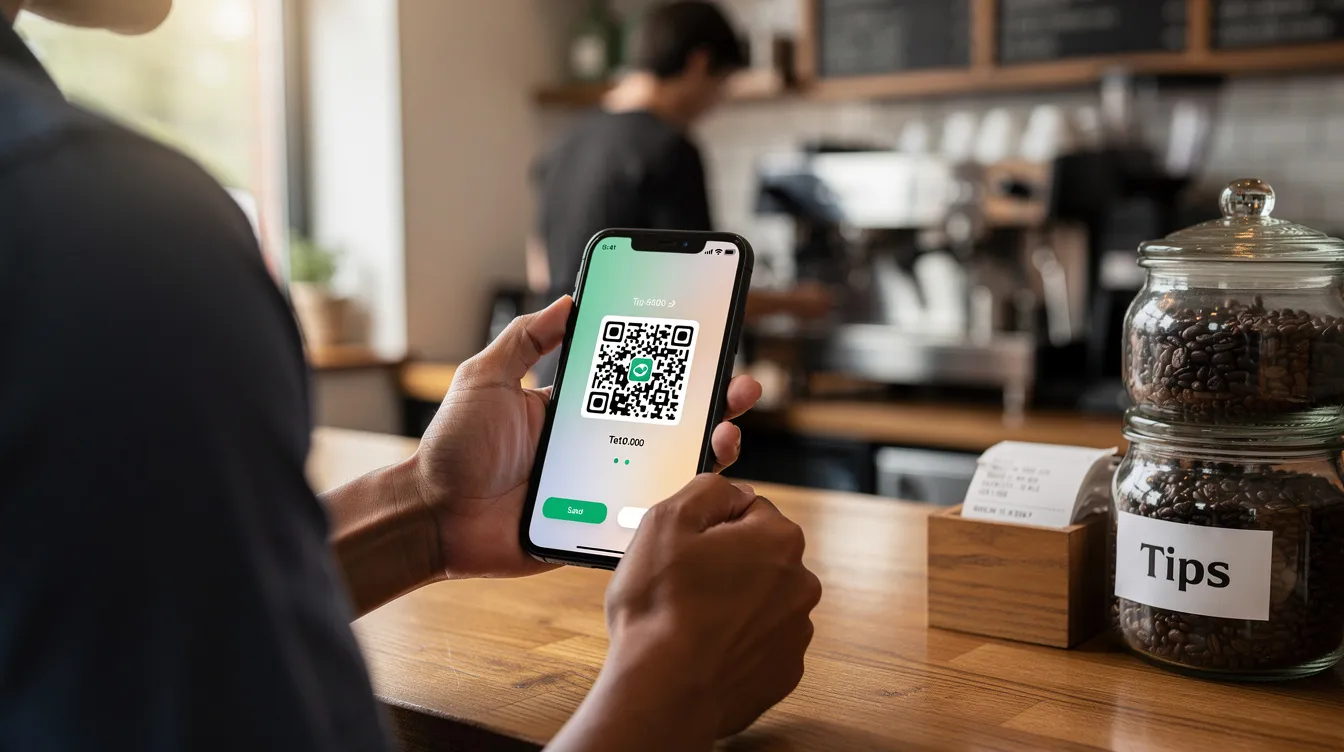 A person is standing at a coffee shop counter, holding a smartphone that displays a digital wallet, showcasing the convenience of modern payment methods for loyal customers. This image highlights the importance of technology in small businesses, enhancing customer loyalty and driving repeat business through rewards programs.