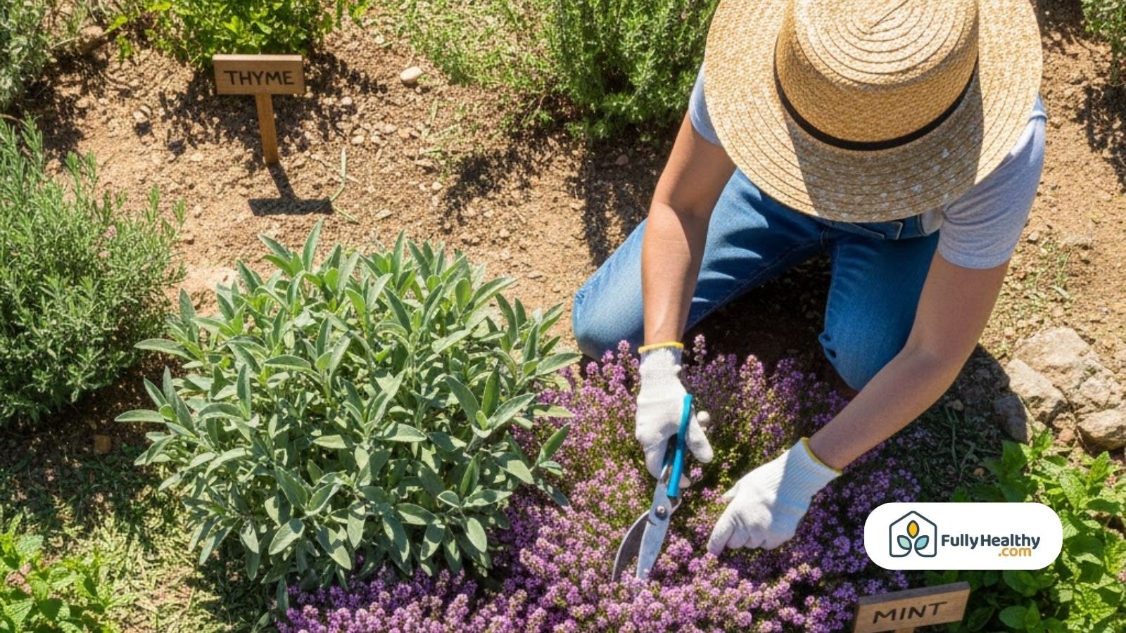 Gardener trimming fresh thyme plant in a sunny backyard herb garden