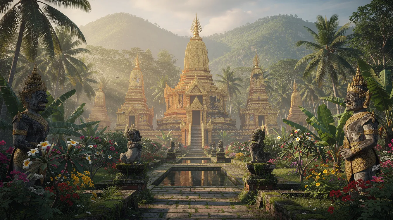A imagem retrata antigos templos dourados, cercados por exuberantes jardins tropicais, típicos do Sudeste Asiático, evocando a beleza cultural da Tailândia. Esses templos, como o Wat Phra Singh, são símbolos da rica história e espiritualidade da região, atraindo viajantes em busca de experiências únicas.