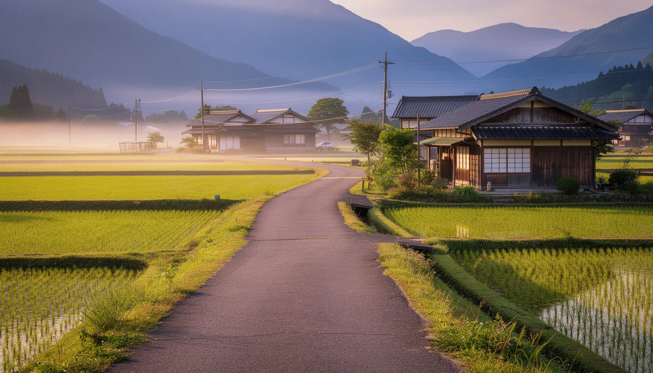 La imagen muestra un camino rural serpenteante que atraviesa el sereno campo japonés, enmarcado por montañas lejanas y salpicado de casas de campo tradicionales, recordando los grabados de paisajes de Kawase Hasui. Esta escena tranquila captura la esencia de la vida cotidiana en Japón, mostrando la belleza natural y la simplicidad de los paisajes rurales.